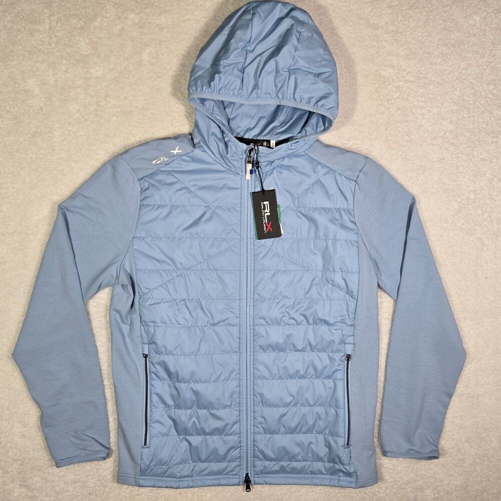 RLX Ralph Lauren Golf Puffer Hooded Hybrid Sky Blue Wool Blend Jacket Mens Large